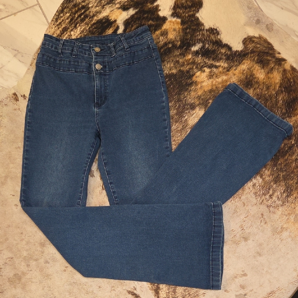 High Rise Double Button Flare Women's Jeans